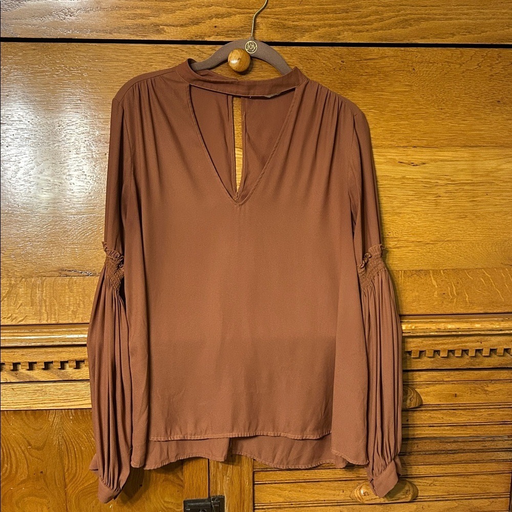 Vestique Boho Chic Terracotta Brown Choker Neck Smocked Bishop Sleeve Blouse
